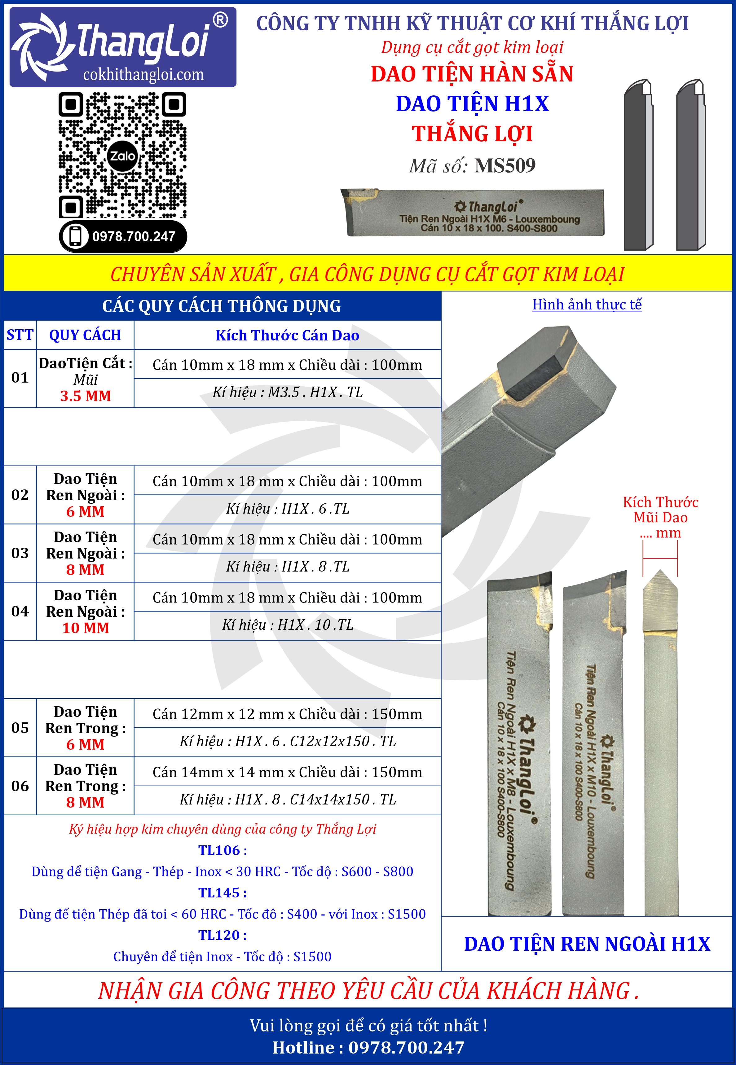 DAO TIỆN HÀN SẴN - DAO TIỆN REN NGOÀI H1X- THẮNG LỢI