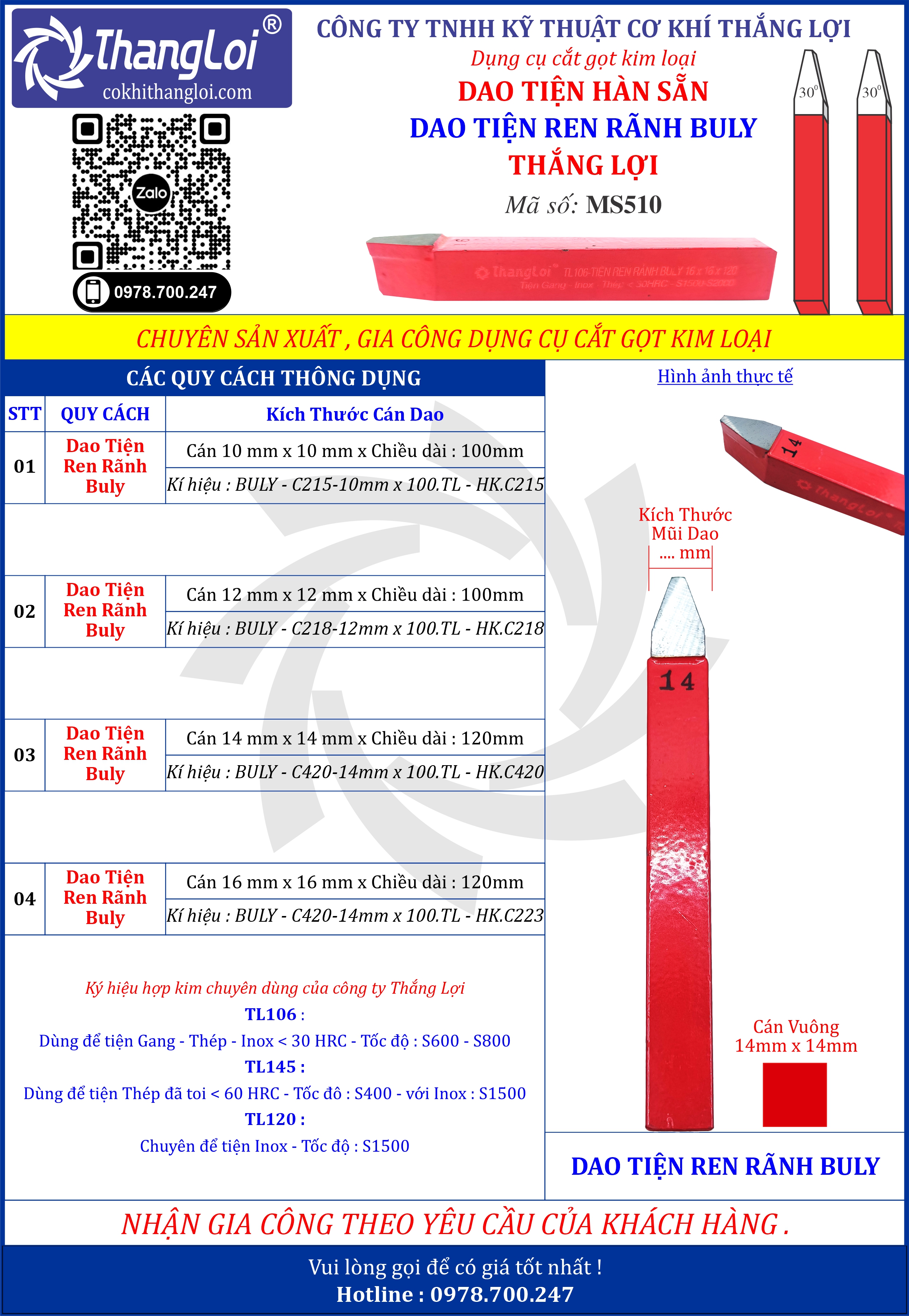 DAO TIỆN HÀN SẴN - DAO TIỆN REN RÃNH BULY - THẮNG LỢI