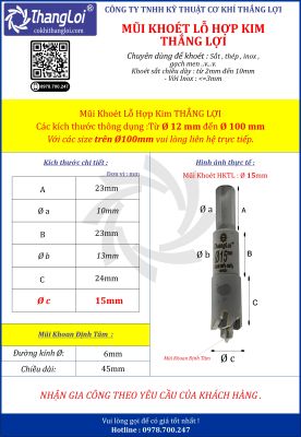 MŨI KHOÉT HỢP KIM THẮNG LỢI - PHI 15MM